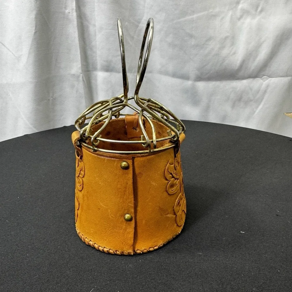 Vintage Leather Hand Made Drink Holder Or Handled Bag‎